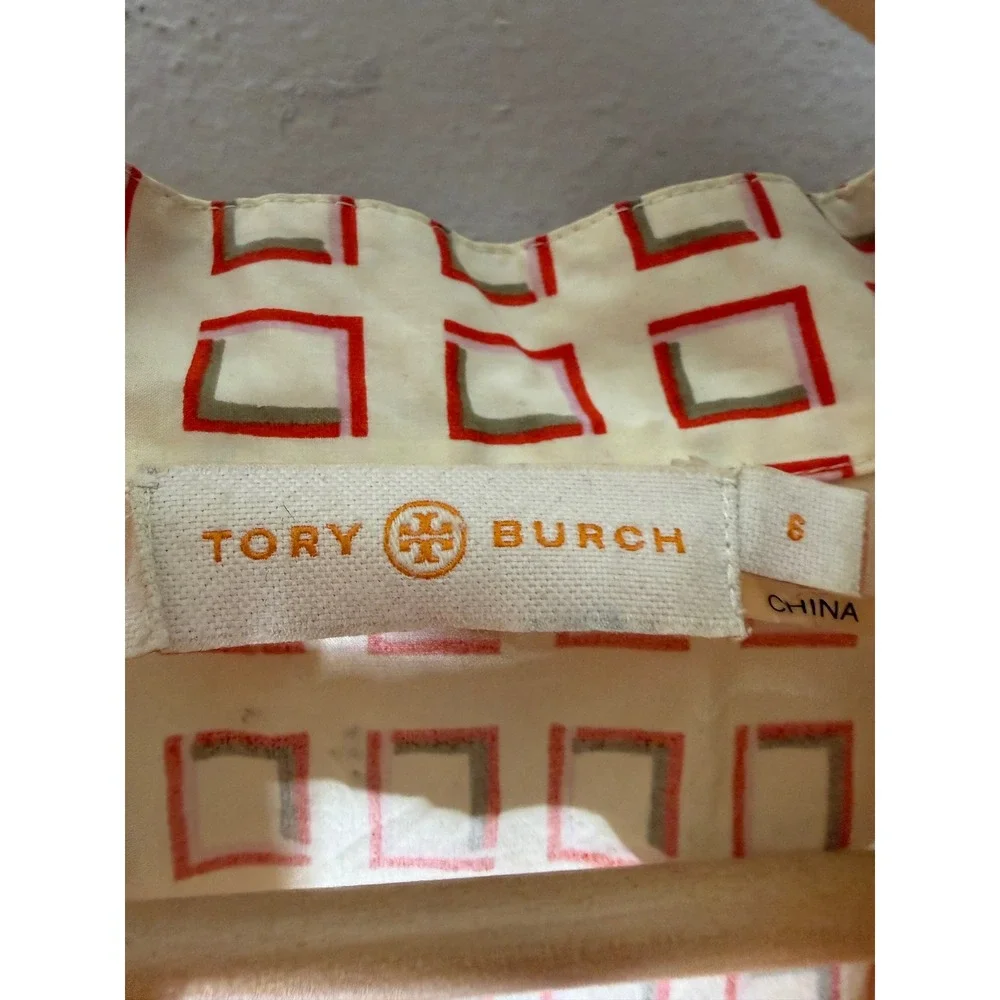 TORY BURCH Tory Mini Dress 6 Square Frame 3/4 Sleeve‎ Decorative Trims Red Sz 6